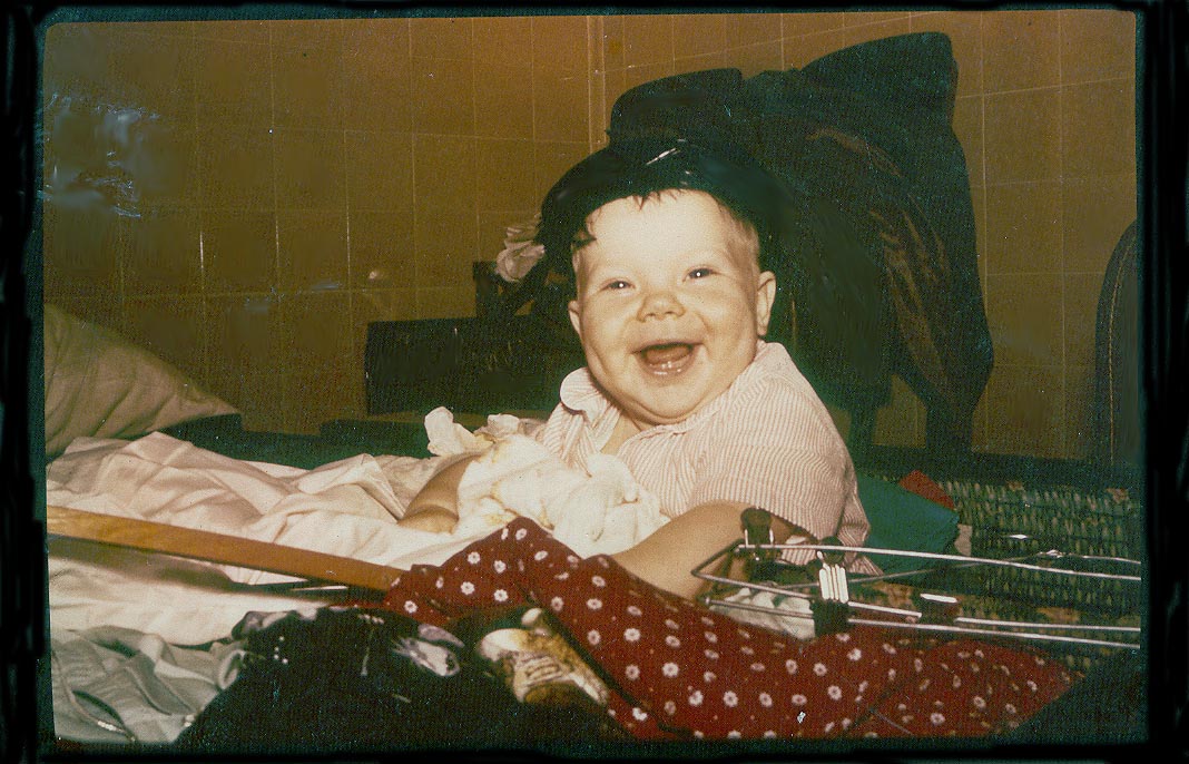 Baby Rachel in suitcase, Brazil, 1962.